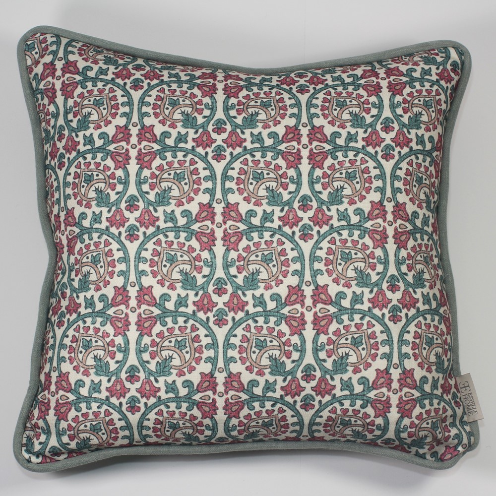 Veda Linen Floral Vine Cushion in Teal Raspberry